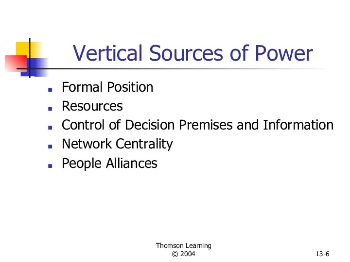 Thomson Learning © 2004 13- Vertical Sources of Power Formal Position Resources Control