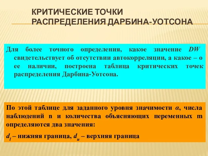 КРИТИЧЕСКИЕ ТОЧКИ РАСПРЕДЕЛЕНИЯ ДАРБИНА-УОТСОНА Для более точного определения, какое значение