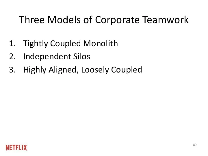 Three Models of Corporate Teamwork Tightly Coupled Monolith Independent Silos Highly Aligned, Loosely Coupled