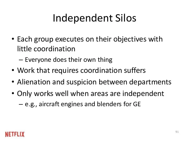 Independent Silos Each group executes on their objectives with little