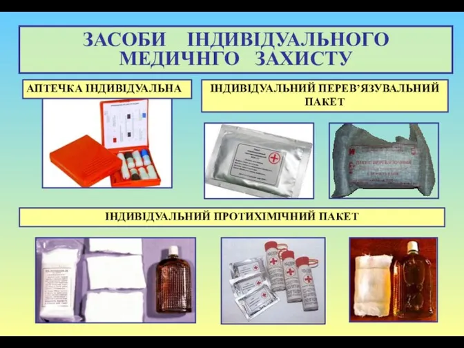 ЗАСОБИ ІНДИВІДУАЛЬНОГО МЕДИЧНГО ЗАХИСТУ АПТЕЧКА ІНДИВІДУАЛЬНА ІНДИВІДУАЛЬНИЙ ПЕРЕВ’ЯЗУВАЛЬНИЙ ПАКЕТ ІНДИВІДУАЛЬНИЙ ПРОТИХІМІЧНИЙ ПАКЕТ