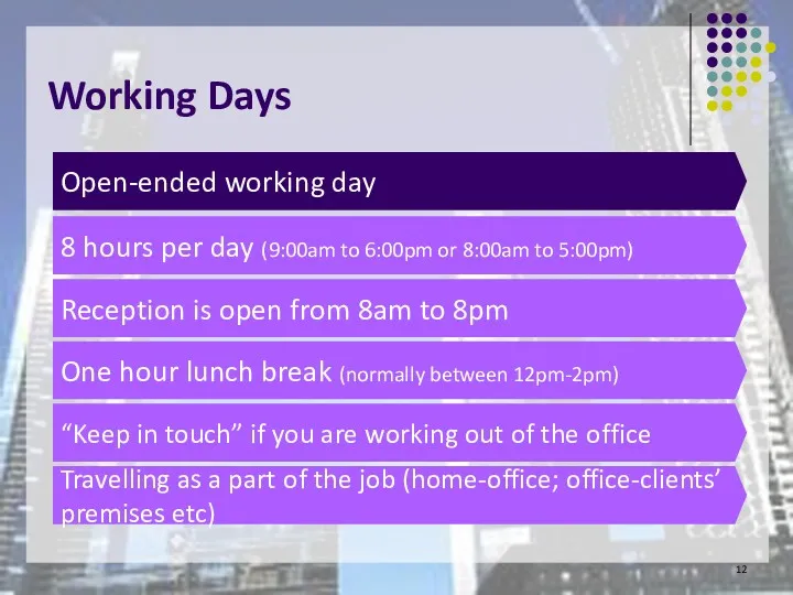 Working Days Open-ended working day 8 hours per day (9:00am