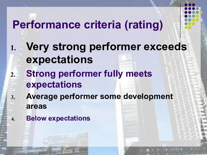 Performance criteria (rating) Very strong performer exceeds expectations Strong performer