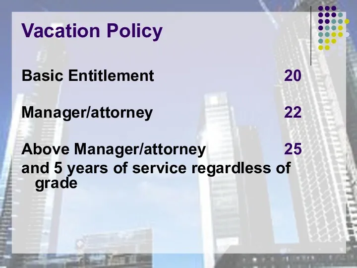 Vacation Policy Basic Entitlement 20 Manager/attorney 22 Above Manager/attorney 25