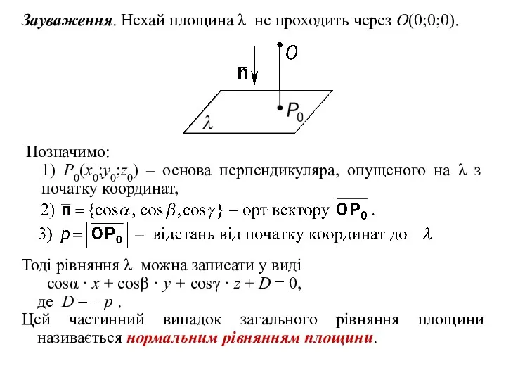 Зауваження. Нехай площина λ не проходить через O(0;0;0). Тоді рівняння