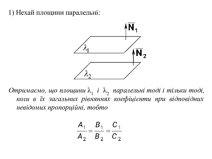 1) Нехай площини паралельні: Отримаємо, що площини λ1 і λ2