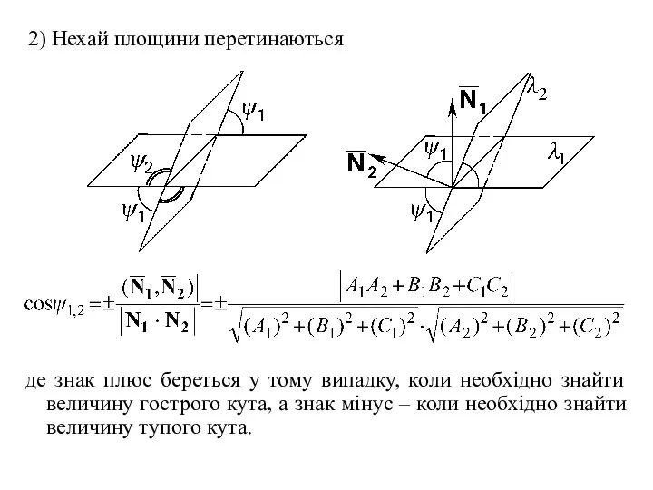 2) Нехай площини перетинаються де знак плюс береться у тому