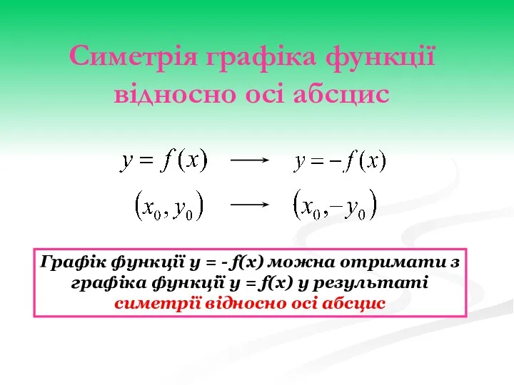 Симетрія графіка функції відносно осі абсцис Графік функції y = - f(x) можна