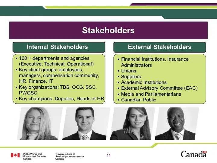 Stakeholders Internal Stakeholders External Stakeholders 100 + departments and agencies