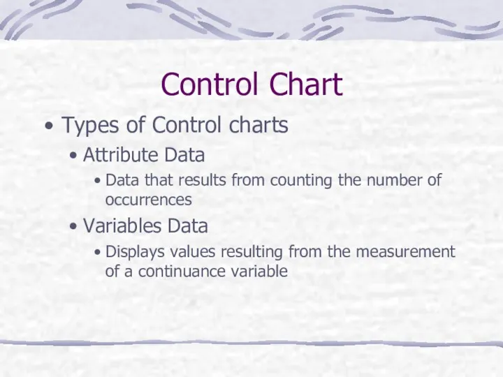 Control Chart Types of Control charts Attribute Data Data that results from counting