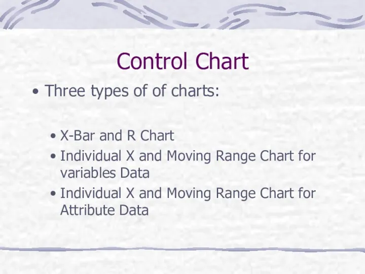 Control Chart Three types of of charts: X-Bar and R