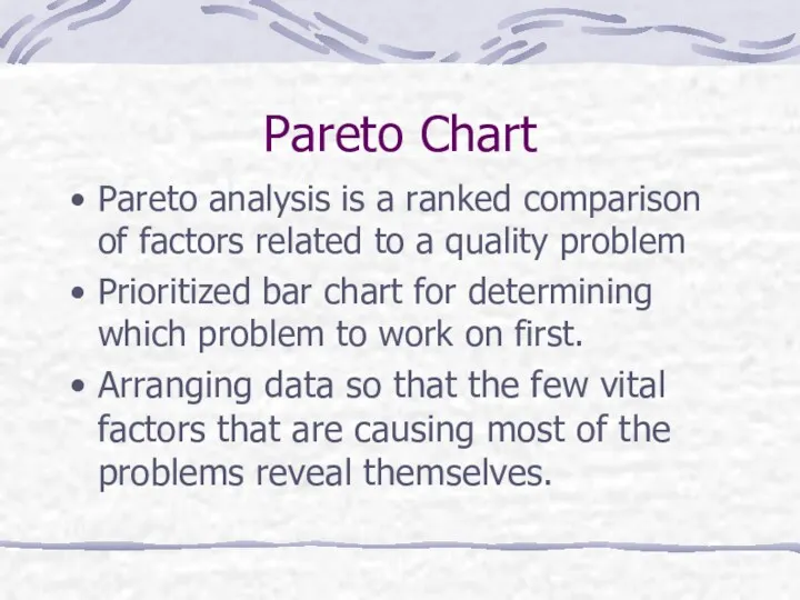 Pareto Chart Pareto analysis is a ranked comparison of factors related to a
