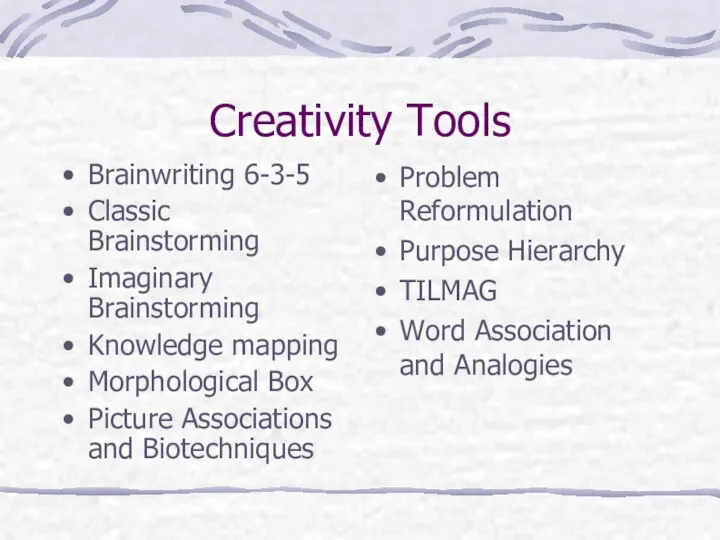 Creativity Tools Brainwriting 6-3-5 Classic Brainstorming Imaginary Brainstorming Knowledge mapping