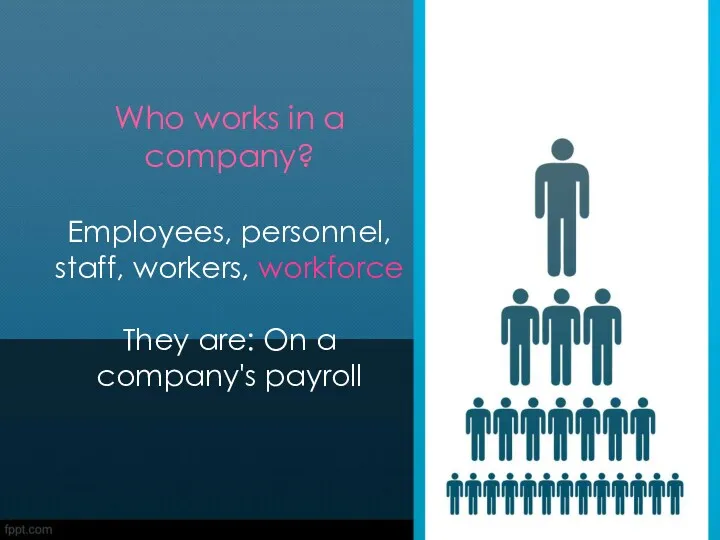 Who works in a company. Employees, personnel, staff, workers, workforce. They are: On a company's payroll