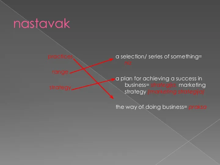 nastavak practices range strategy a selection/ series of something= niz