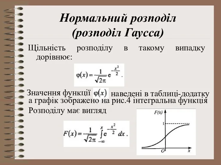 Нормальний розподіл (розподіл Гаусса) Щільність розподілу в такому випадку дорівнює: