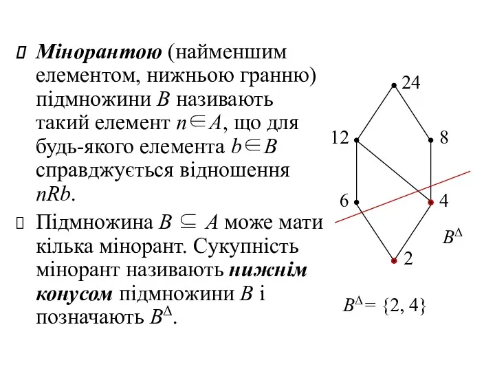 Мінорантою (найменшим елементом, нижньою гранню) підмножини В називають такий елемент