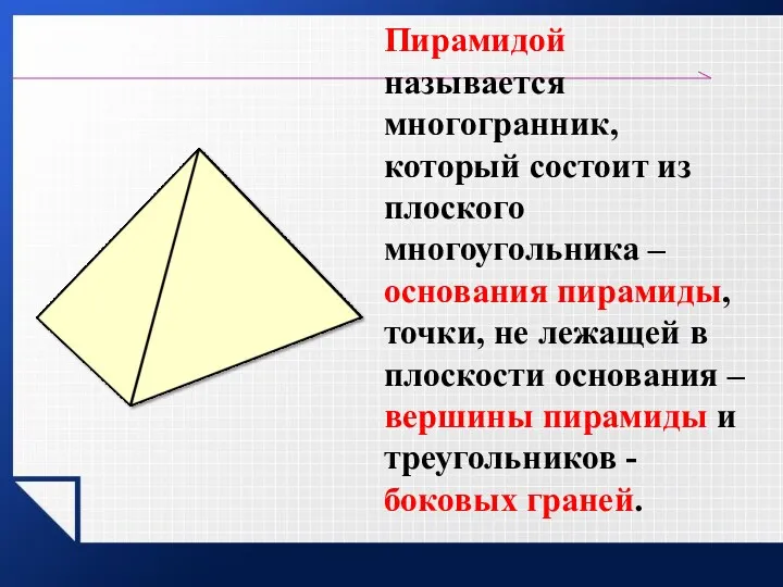 Пирамидой называется многогранник, который состоит из плоского многоугольника – основания пирамиды, точки, не