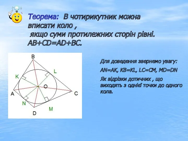 Теорема: В чотирикутник можна вписати коло , якщо суми протилежних