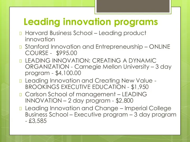 Leading innovation programs Harvard Business School – Leading product innovation