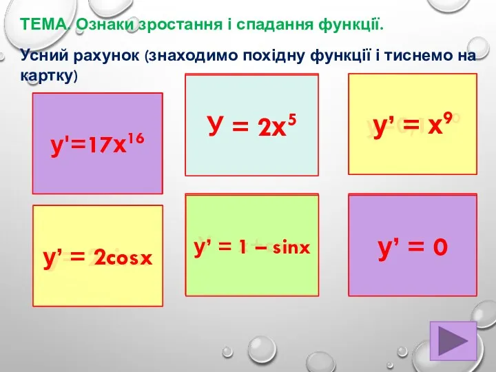 Усний рахунок (знаходимо похідну функції і тиснемо на картку) У