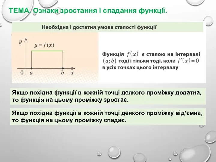 ТЕМА. Ознаки зростання і спадання функції. Якщо похідна функції в