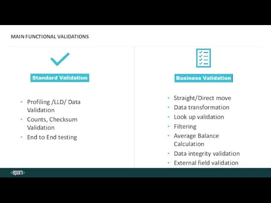 MAIN FUNCTIONAL VALIDATIONS Profiling /LLD/ Data Validation Counts, Checksum Validation