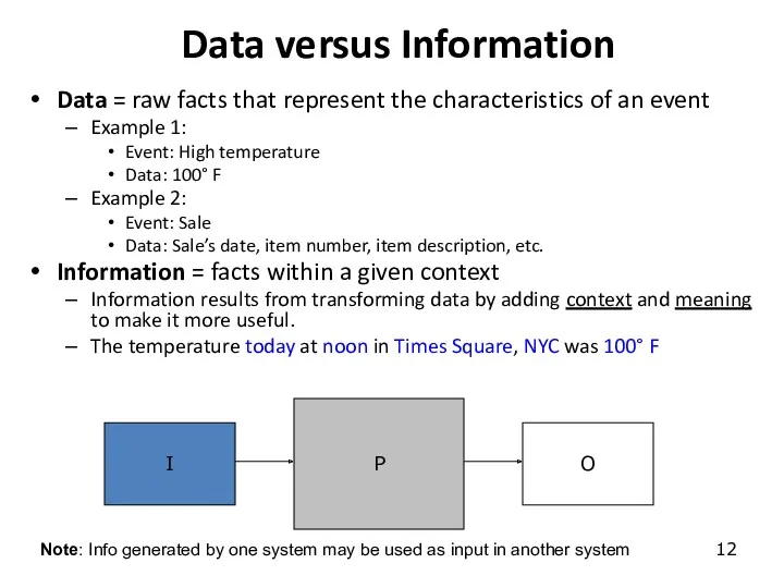 Data versus Information Data = raw facts that represent the characteristics of an