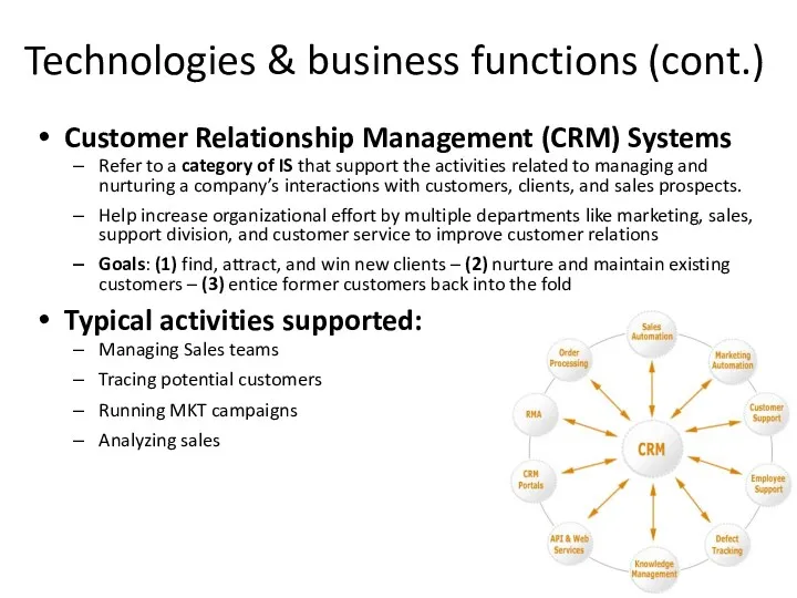 Technologies & business functions (cont.) Customer Relationship Management (CRM) Systems Refer to a