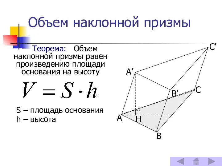 Объем наклонной призмы Теорема: Объем наклонной призмы равен произведению площади