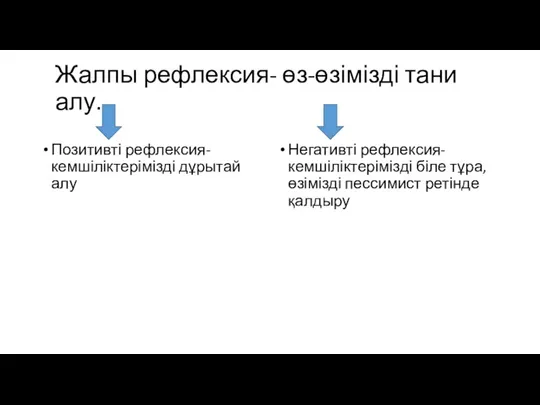 Жалпы рефлексия- өз-өзімізді тани алу. Позитивті рефлексия- кемшіліктерімізді дұрытай алу