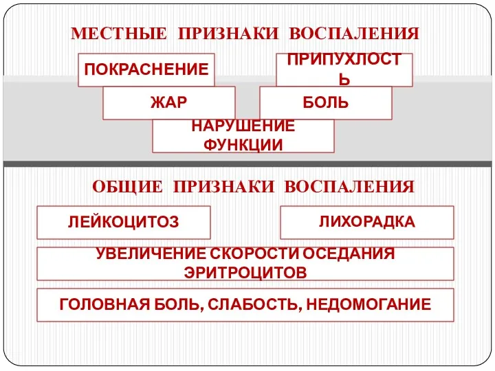 МЕСТНЫЕ ПРИЗНАКИ ВОСПАЛЕНИЯ ПОКРАСНЕНИЕ ПРИПУХЛОСТЬ ЖАР ОБЩИЕ ПРИЗНАКИ ВОСПАЛЕНИЯ БОЛЬ