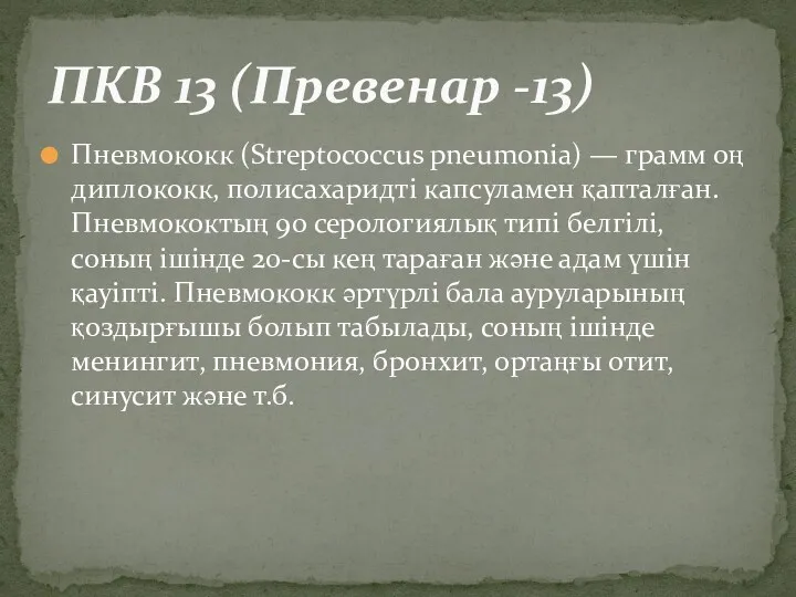 Пневмококк (Streptococcus pneumonia) — грамм оң диплококк, полисахаридті капсуламен қапталған.