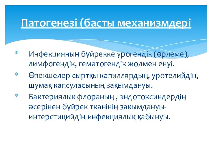 Инфекцияның бүйрекке урогендік (өрлеме), лимфогендік, гематогендік жолмен енуі. Өзекшелер сыртқы