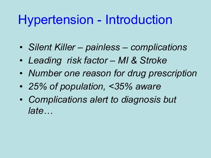 Hypertension - Introduction Silent Killer – painless – complications Leading