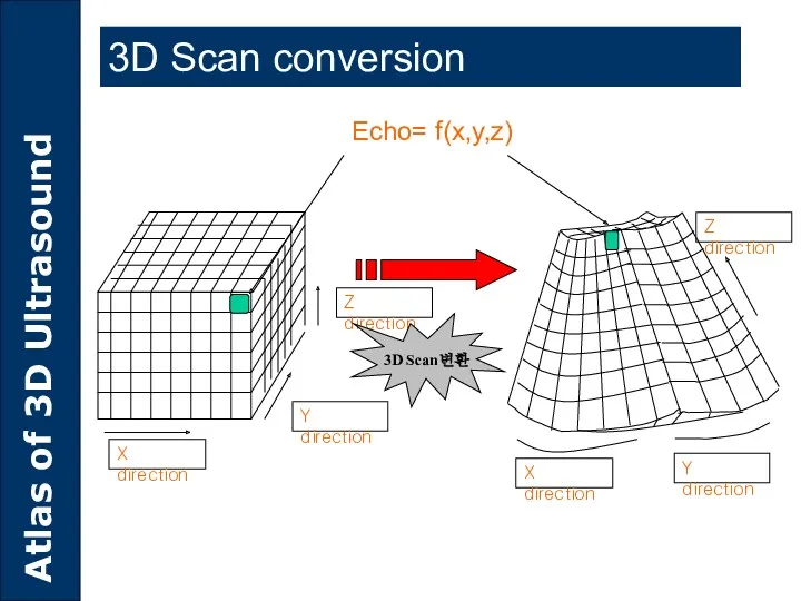 Y direction Z direction Echo= f(x,y,z) 3D Scan conversion 3D