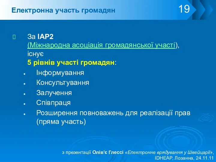Електронна участь громадян За IAP2 (Міжнародна асоціація громадянської участі), існує