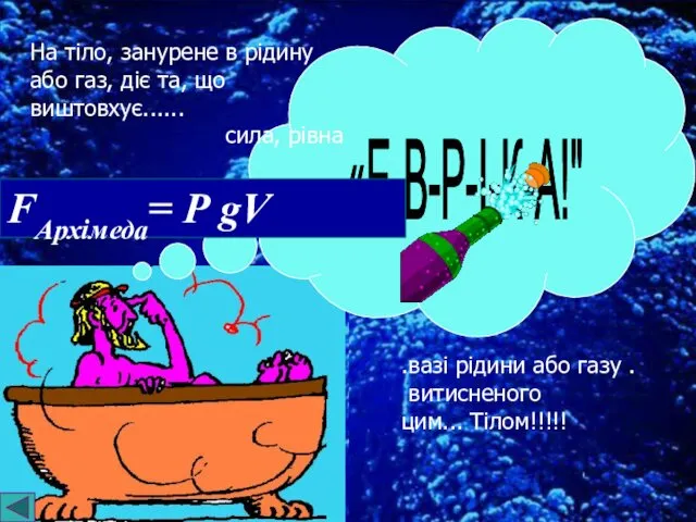 «Е-В-Р-І-К-А!" На тіло, занурене в рідину або газ, діє та,