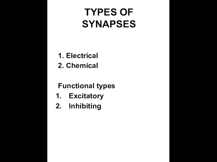 TYPES OF SYNAPSES 1. Electrical 2. Chemical Functional types Excitatory Inhibiting
