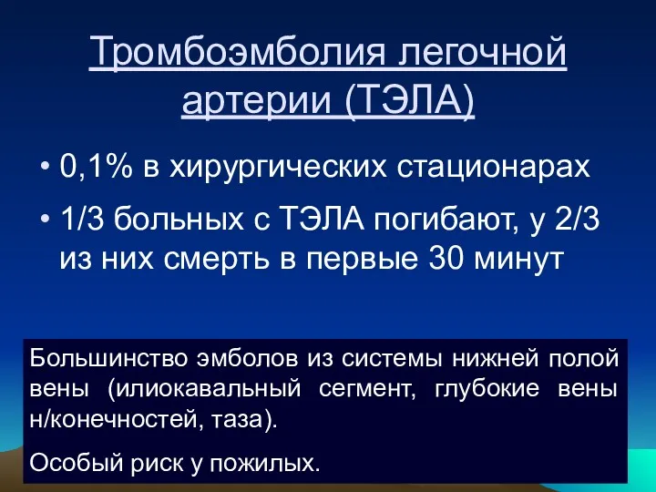 Тромбоэмболия легочной артерии (ТЭЛА) 0,1% в хирургических стационарах 1/3 больных