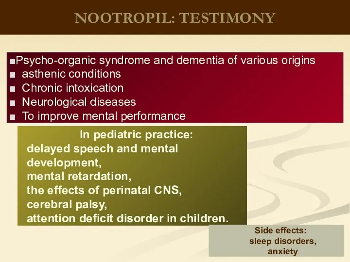 NOOTROPIL: TESTIMONY Psycho-organic syndrome and dementia of various origins asthenic conditions Chronic intoxication