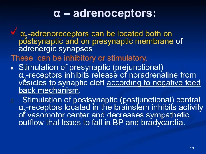 α – adrenoceptors: α2-adrenoreceptors can be located both on postsynaptic and on presynaptic