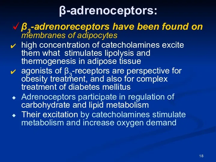 β-adrenoceptors: β3-adrenoreceptors have been found on membranes of adipocytes high concentration of catecholamines