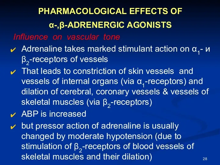 PHARMACOLOGICAL EFFECTS OF α-,β-ADRENERGIC AGONISTS Influence on vascular tone Adrenaline