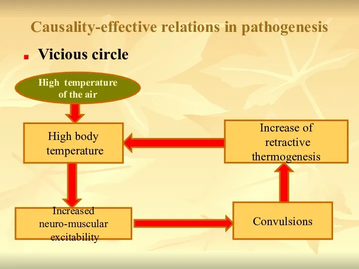 Causality-effective relations in pathogenesis Vicious circle High temperature of the