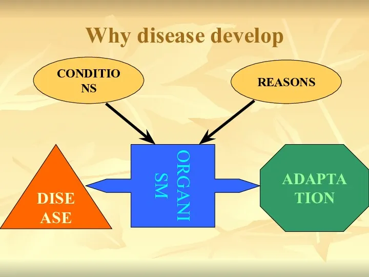 Why disease develop REASONS CONDITIONS DISEASE ADAPTATION ORGANISM