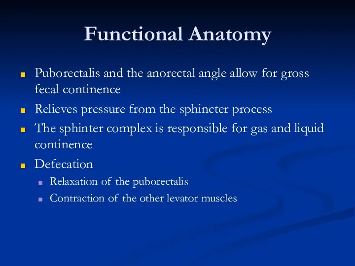 Functional Anatomy Puborectalis and the anorectal angle allow for gross