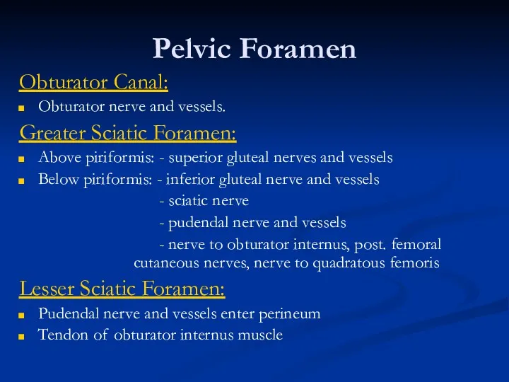 Pelvic Foramen Obturator Canal: Obturator nerve and vessels. Greater Sciatic Foramen: Above piriformis: