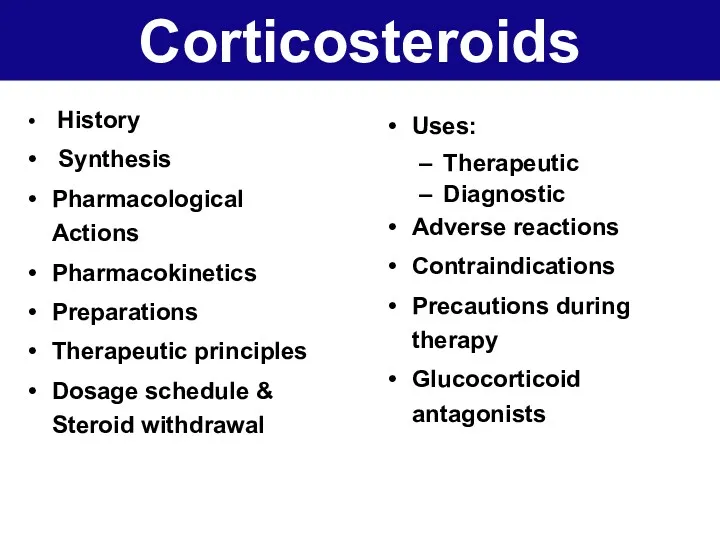 Corticosteroids History Synthesis Pharmacological Actions Pharmacokinetics Preparations Therapeutic principles Dosage