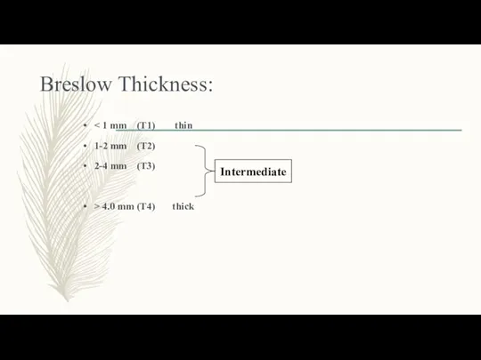 Breslow Thickness: 1-2 mm (T2) 2-4 mm (T3) > 4.0 mm (T4) thick Intermediate